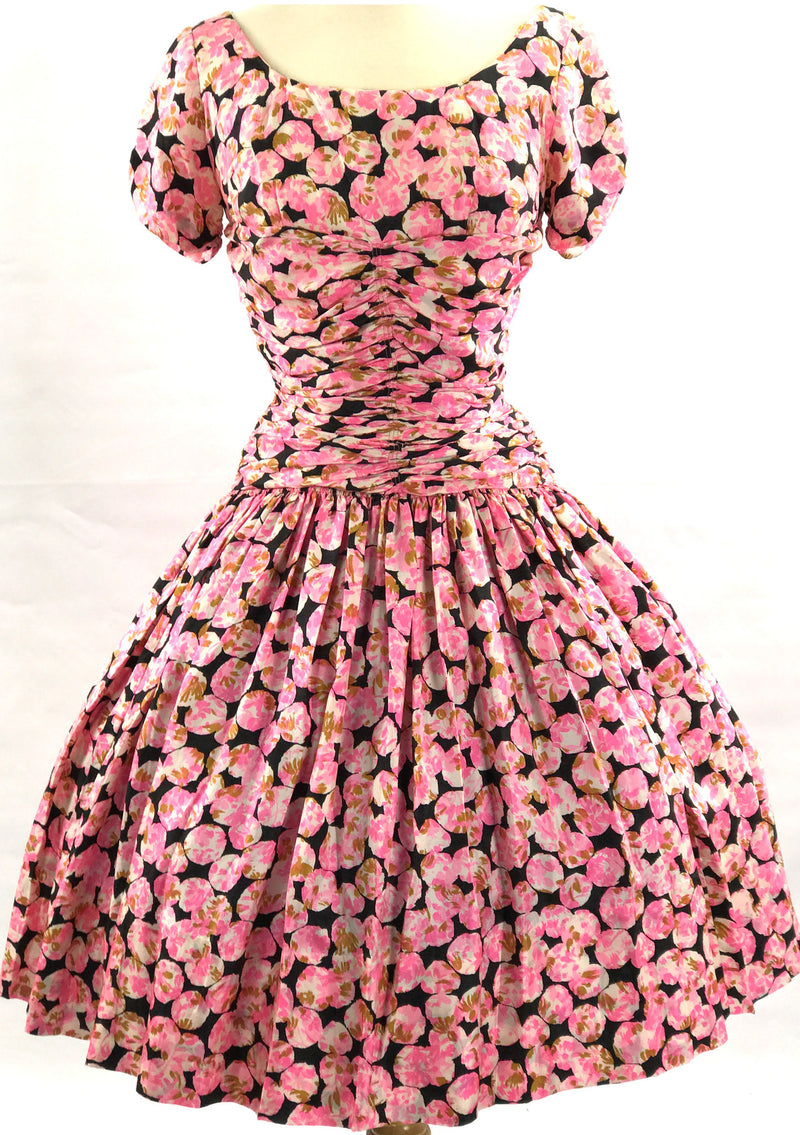 Vintage 1950s Pink and Black Rose Floral Silk Day Dress - New!