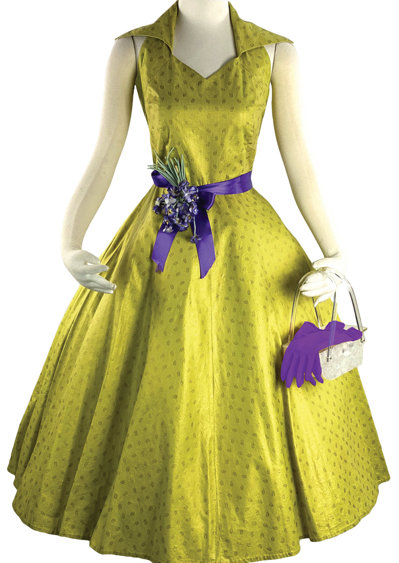 Stunning 1950s Chartreuse Halter Glazed Cotton Dress  - New!