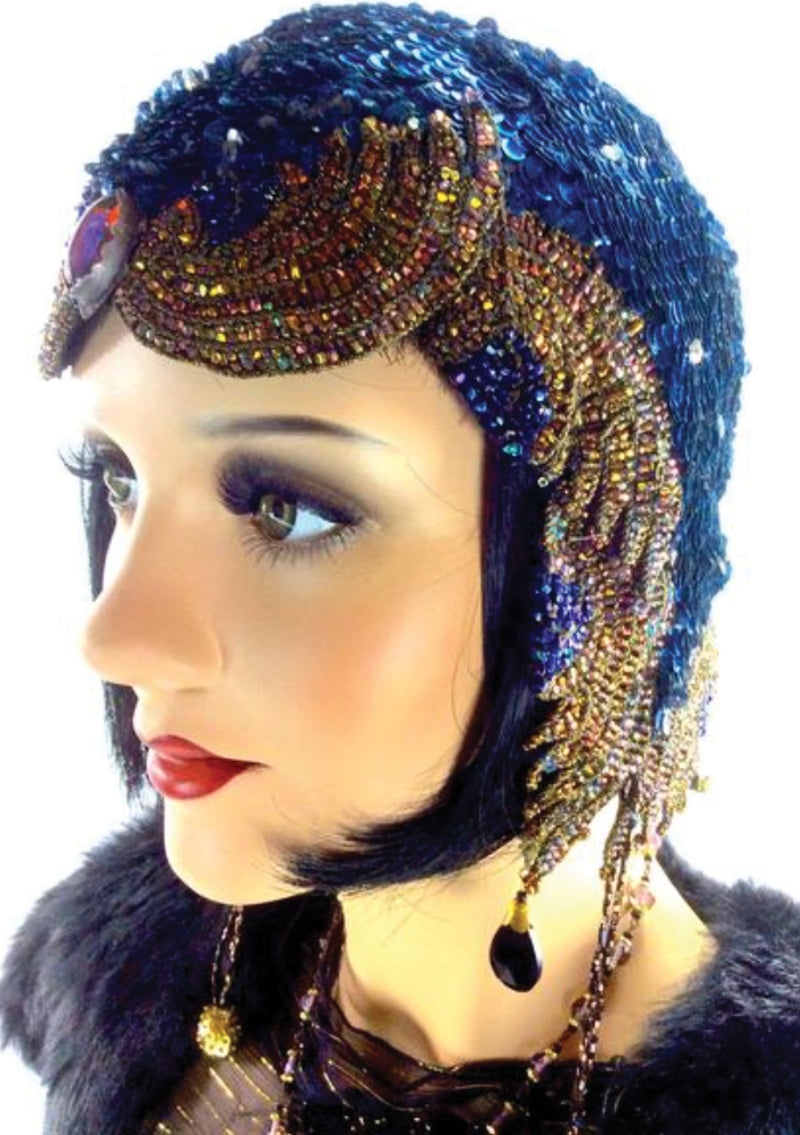 Vintage 1920s Blue Sequin + Coloured Glass Cloche Headpiece