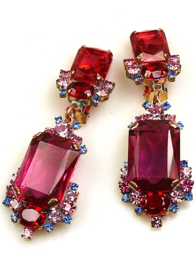 Raspberry, Pink and Blue Glass Crystal Czech Earrings