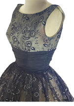 Late 1950s to Early 1960s Black Flocked Chiffon Party Dress- New!