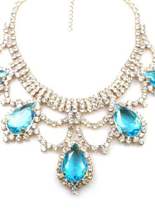 Striking Aqua Blue and Clear Czech Crystal Necklace - New!
