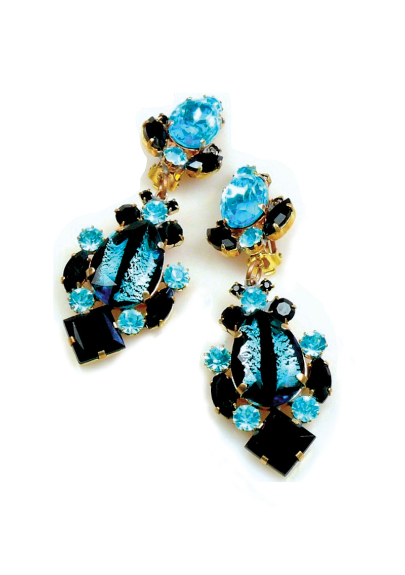 Aquamarine and Onyx Glass Crystal Earrings
