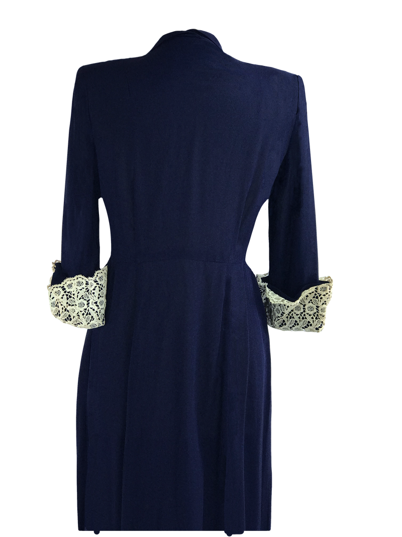 1940s Navy Crepe Dress with Guipure Lace Sleeves- New! Coutura Vintage 1940s Navy Crepe Dress with Guipure Lace Sleeves- New! Coutura Vintage