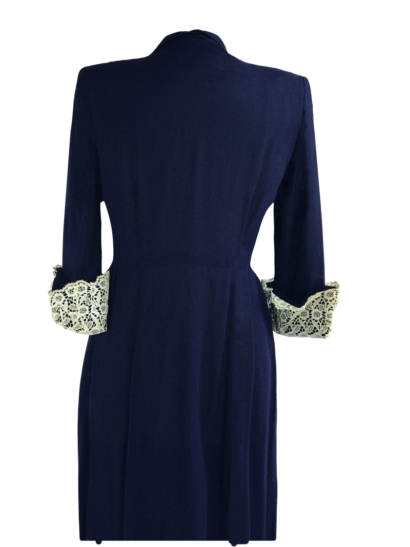 1940s Navy Crepe Dress with Guipure Lace Sleeves- New!