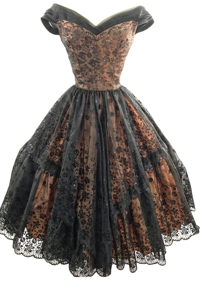 Breathtaking 1950s Black Flocked Glitter Nylon  Party Dress - New!