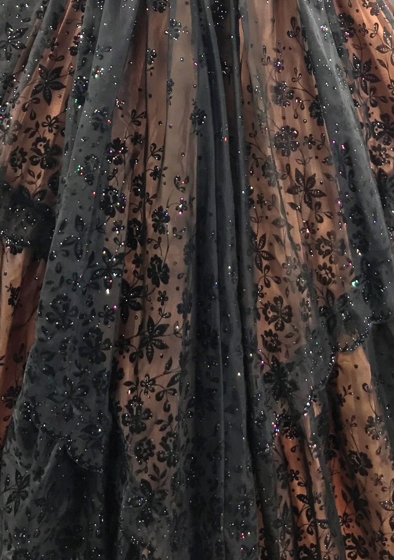 Breathtaking 1950s Black Flocked Glitter Nylon  Party Dress - New!