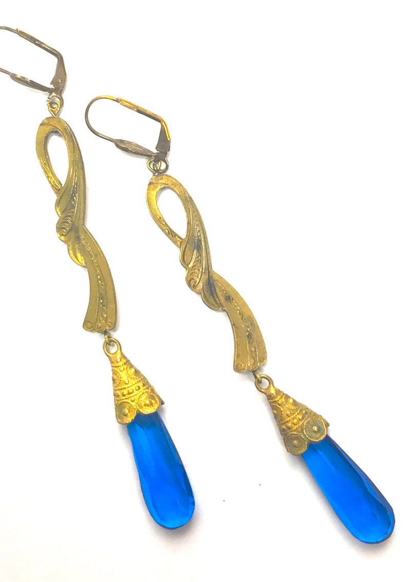 Vintage 1920s Gilded Metal and Blue Glass Drop Earrings