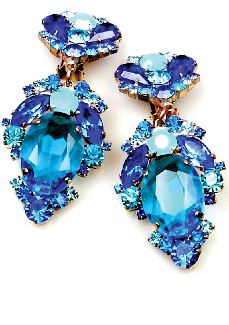 Stunning Czech Sapphire Blue and Aqua Glass Crystal Earrings - New!