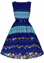 Re-creation of 1950s Blue Striped Floral Day Dress - New!