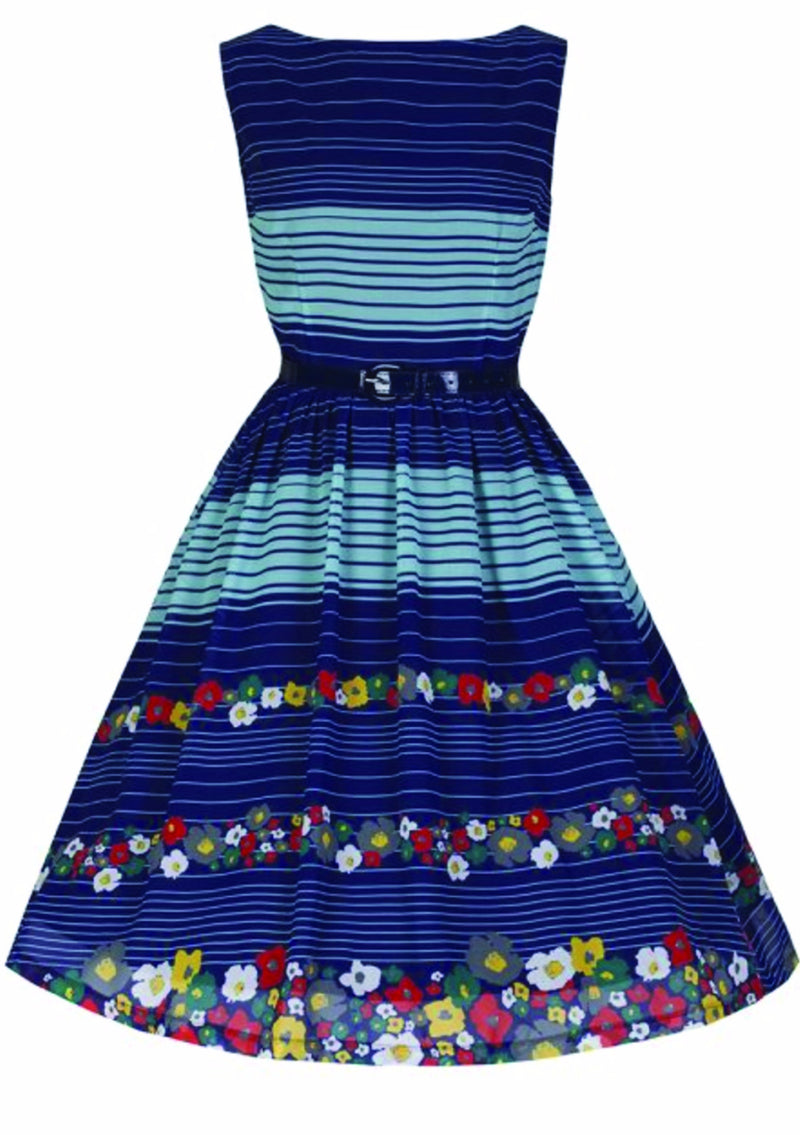 Re-creation of 1950s Blue Striped Floral Day Dress - New!