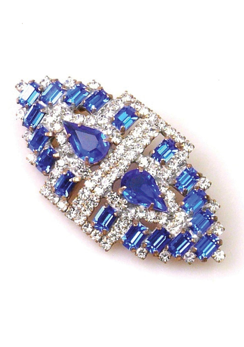 Deco Style Sapphire and Clear Crystal Brooch - New!