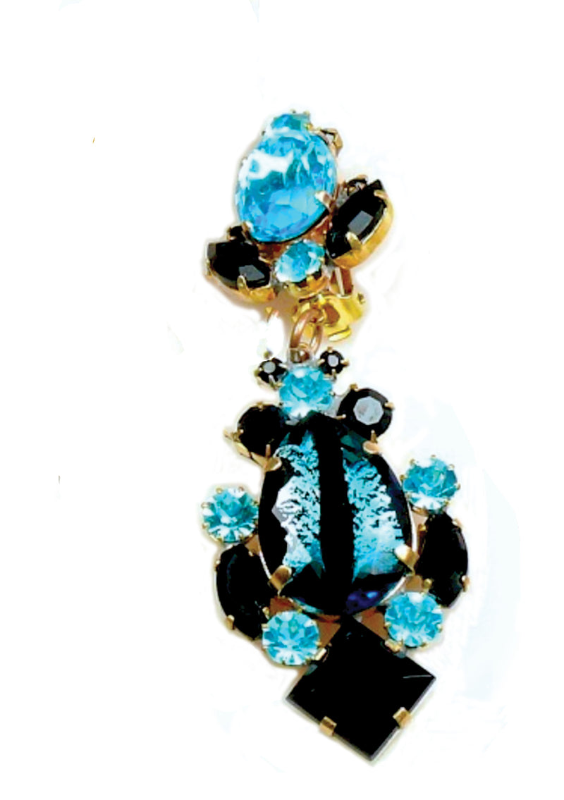 Aquamarine and Onyx Glass Crystal Earrings
