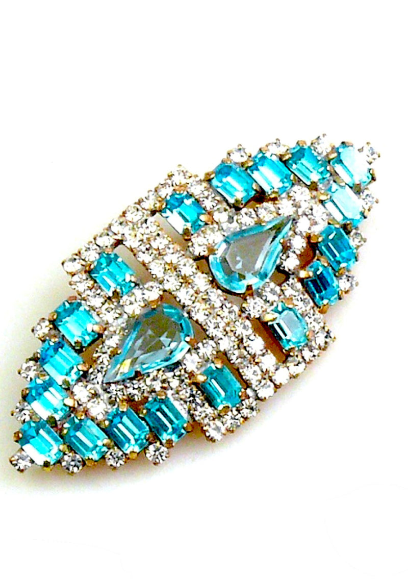 Deco Style Aqua and Clear Crystal Brooch-Sold