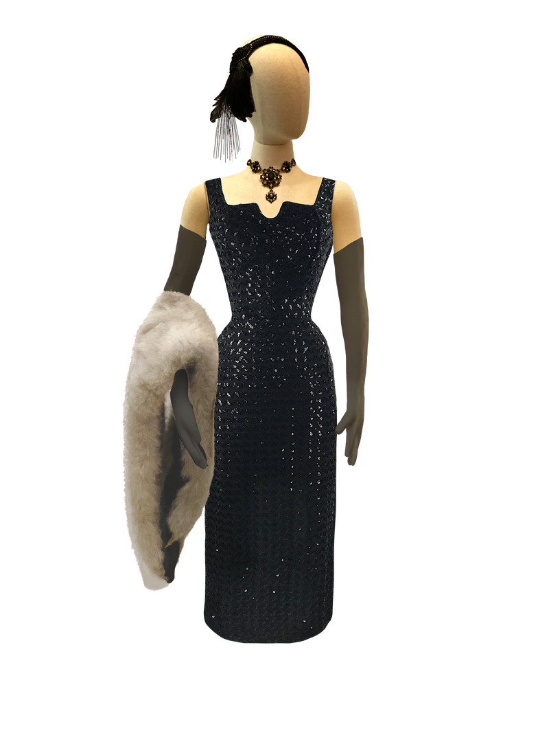 Late 1950s Early 1960s Designer Black Sequin Cocktail Dress