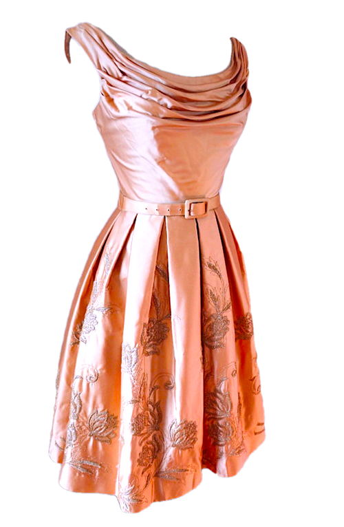 1950's Pink Draped & Embroidered Satin Party Dress - New!