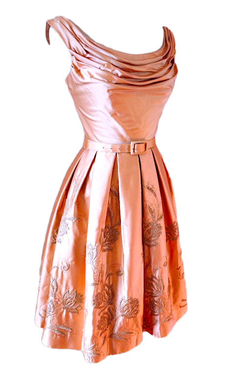 1950's Pink Draped & Embroidered Satin Party Dress - New!