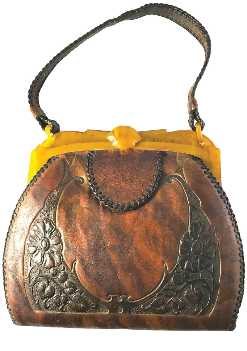 Vintage 1920s Tooled Leather Handbag with Bakelite Frame - New!