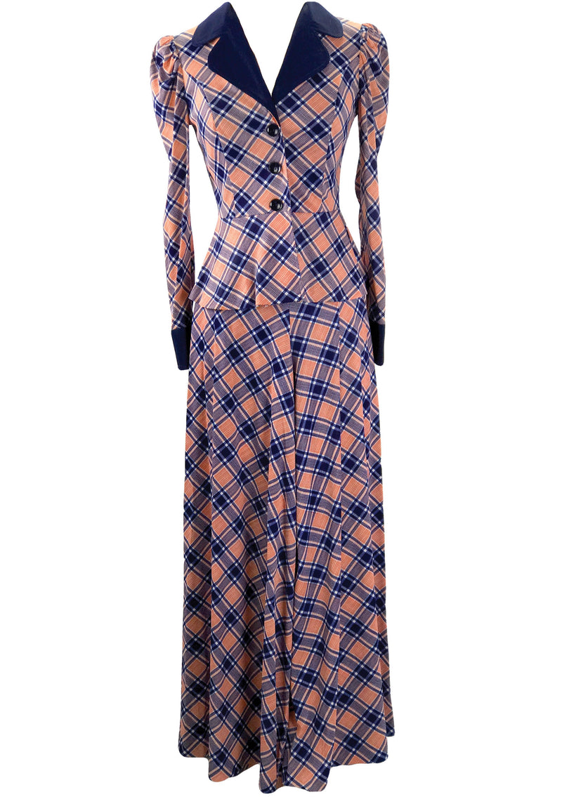 Vintage 1970s Pink and Navy Plaid Pants Suit - New