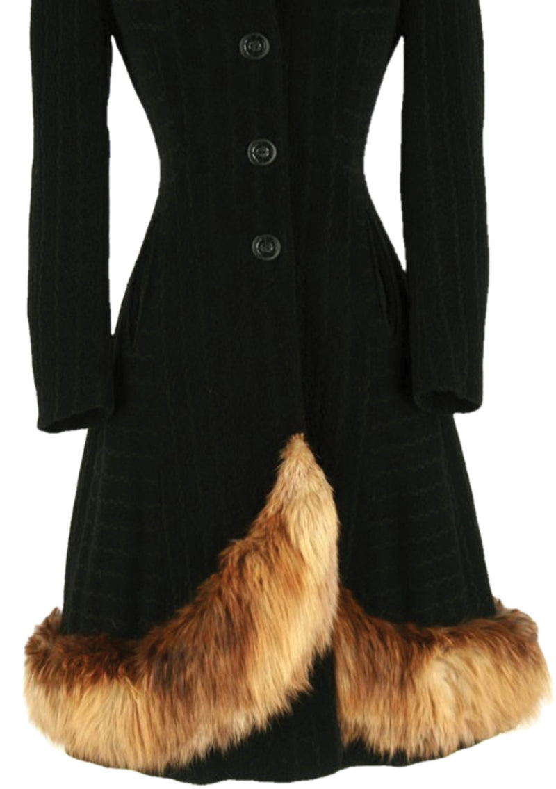 Late 1930s - Early 1940s Black Wool Coat with Fur Trim - New!
