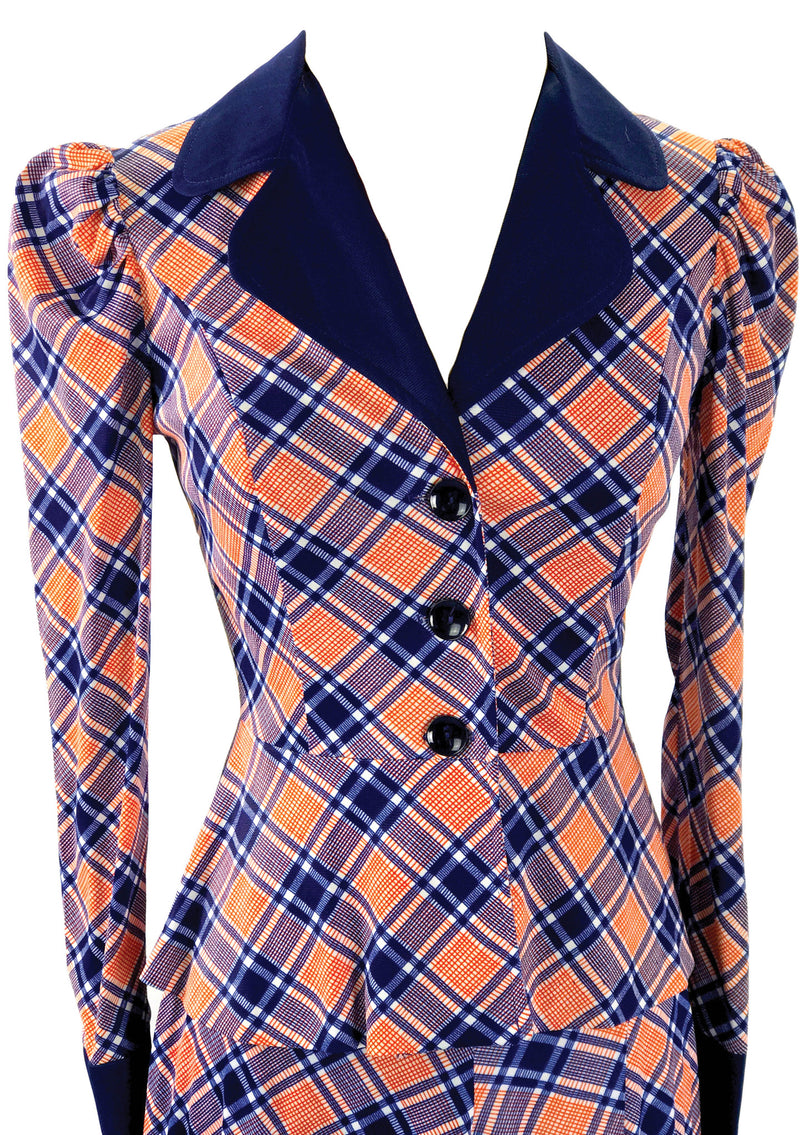 Vintage 1970s Pink and Navy Plaid Pants Suit - New