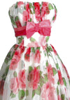 Vintage 1950s Bright Pink Cabbage Roses Party Dress