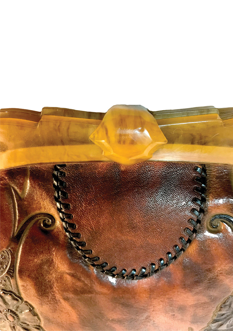 Vintage 1920s Tooled Leather Handbag with Bakelite Frame - New!