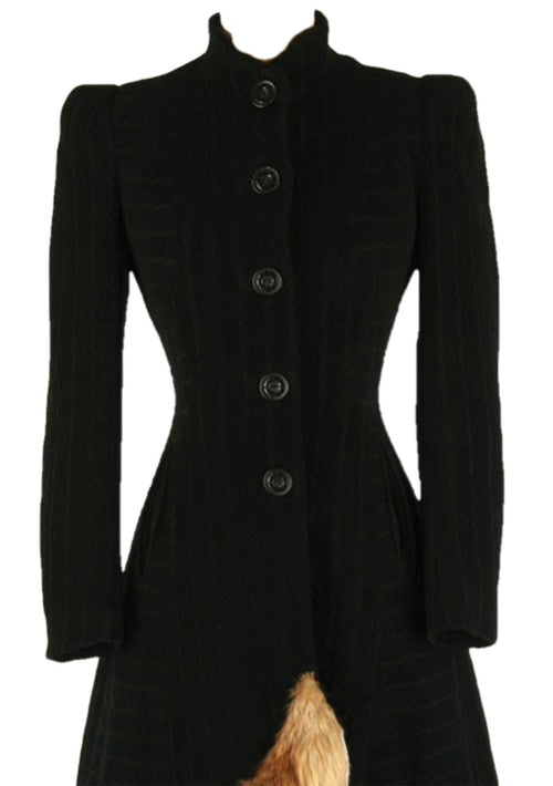 Late 1930s - Early 1940s Black Wool Coat with Fur Trim - New!