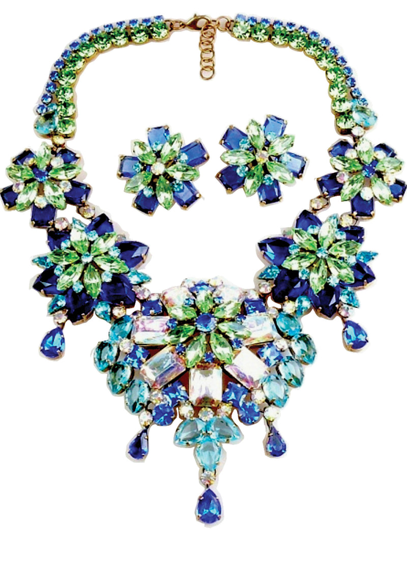 Blue Green Glass AB Necklace & Earrings Set - New