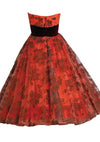 Vintage 1950s Brick Red Flocked Designer Party Dress