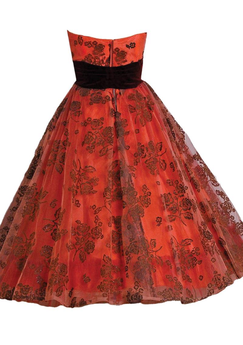Vintage 1950s Brick Red Flocked Designer Party Dress