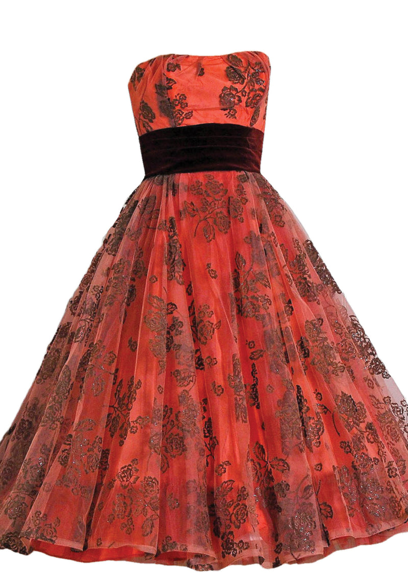 Vintage 1950s Brick Red Flocked Designer Party Dress