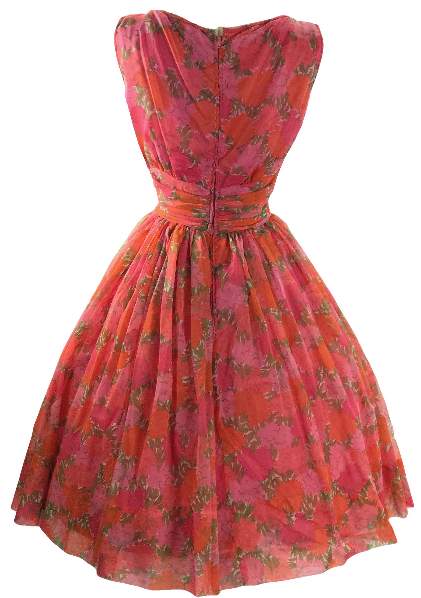 Vintage 1950s Watermelon Red Roses Chiffon Party Dress New Coutura Vintage