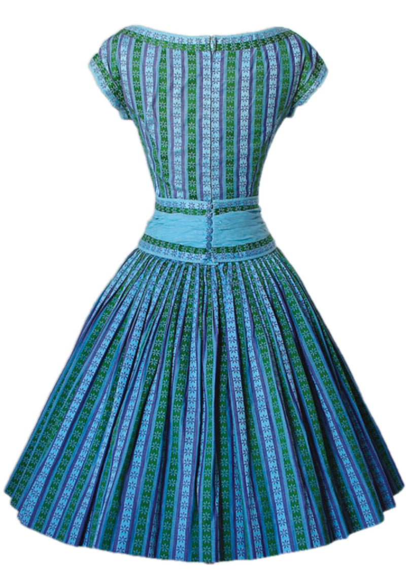 Vintage 1950s Turquoise Blue Striped Woven Cotton Day Dress