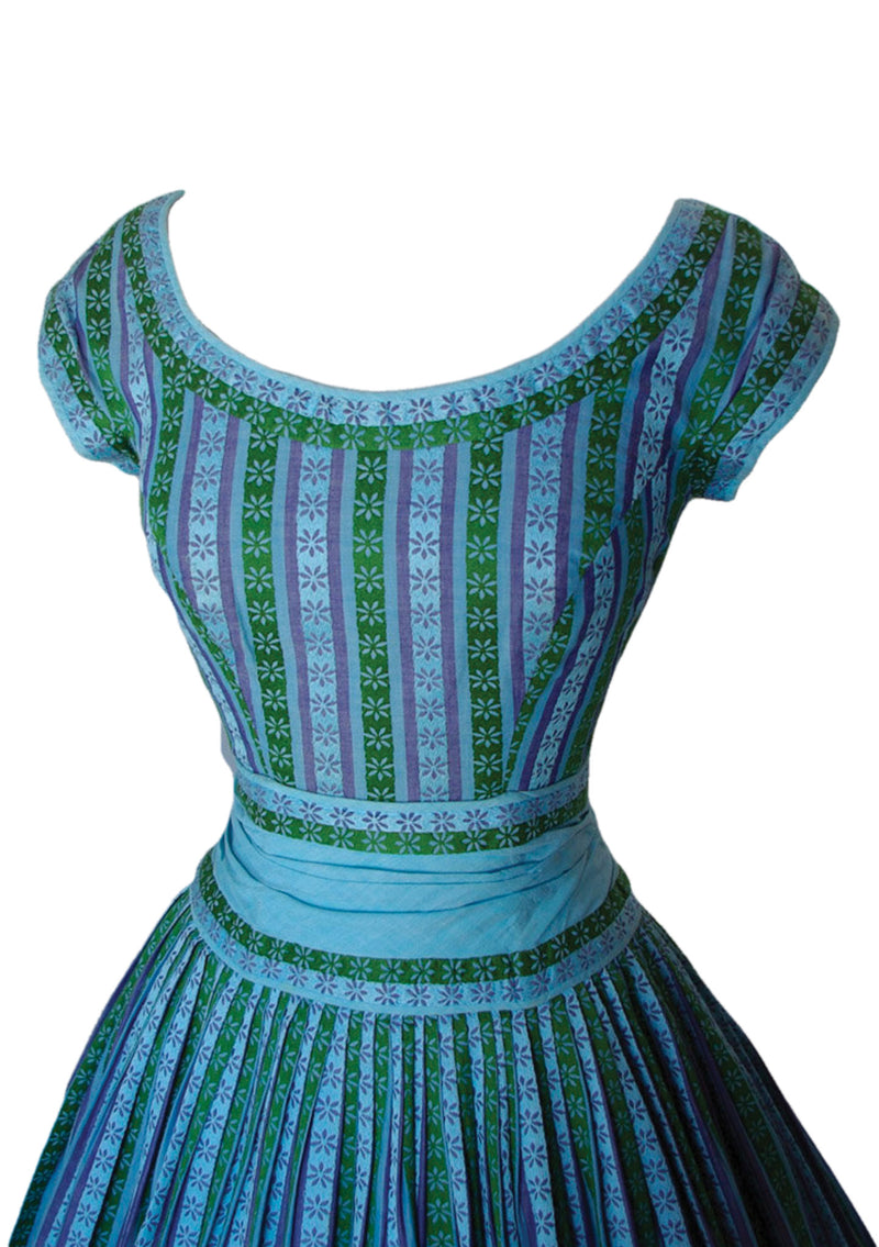 Vintage 1950s Turquoise Blue Striped Woven Cotton Day Dress