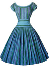 Vintage 1950s Turquoise Blue Striped Woven Cotton Day Dress