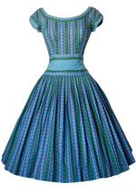 Vintage 1950s Turquoise Blue Striped Woven Cotton Day Dress