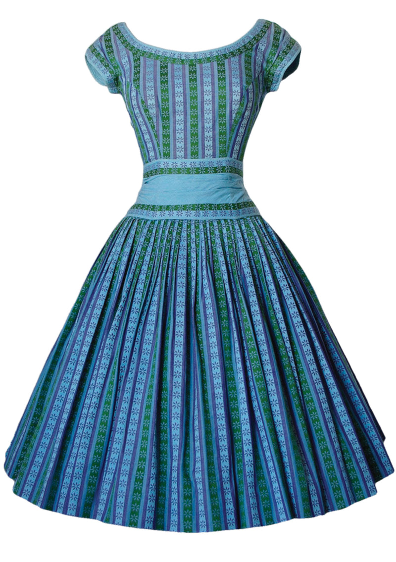 Vintage 1950s Turquoise Blue Striped Woven Cotton Day Dress