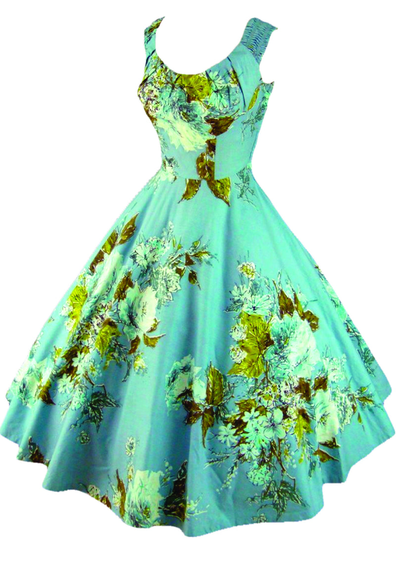 Vintage 1950s Blue Floral Print Cotton Dress