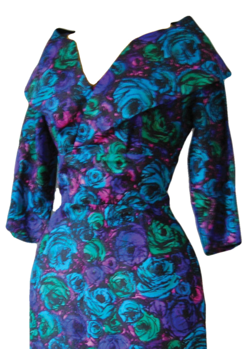 Vintage 1950s Blue Floral Silk Sheath Day Dress - New!