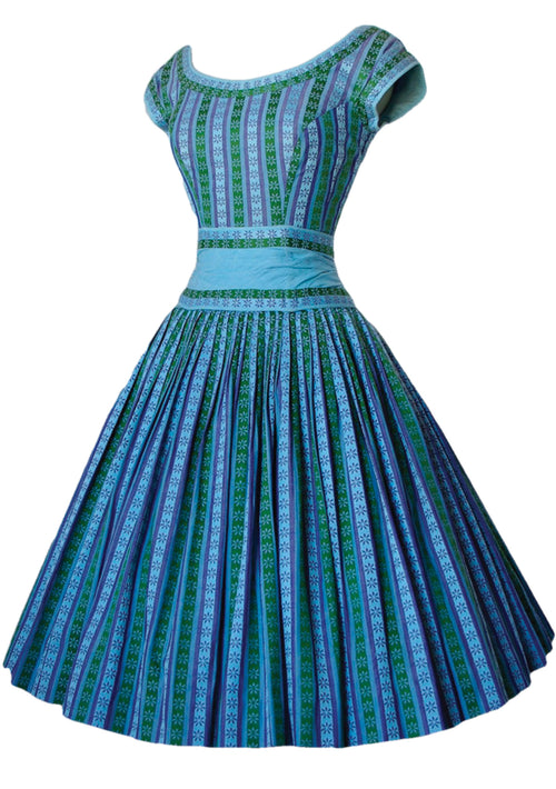 Vintage 1950s Turquoise Blue Striped Woven Cotton Day Dress