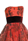 Vintage 1950s Brick Red Flocked Designer Party Dress