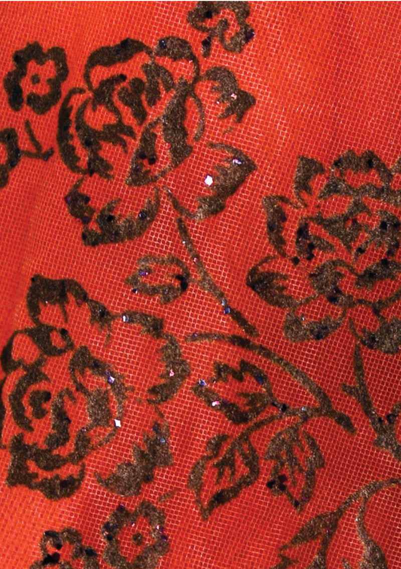 Vintage 1950s Brick Red Flocked Designer Party Dress