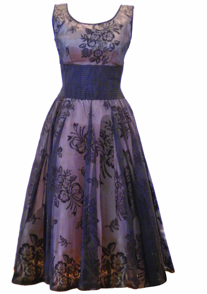 1950s Black Flocked Organza Party Dress