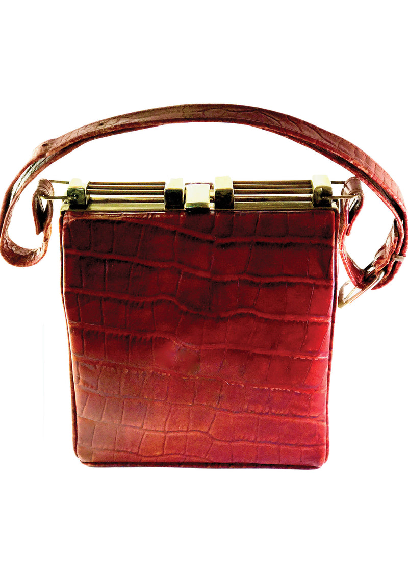 Maroon Leather Embossed Vintage Bags Top Handle Crossbody Purse