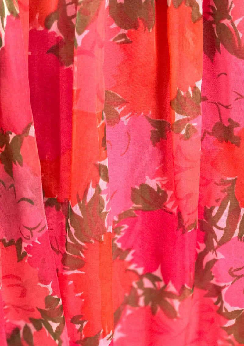 Vintage 1950s Watermelon Red Roses Chiffon Party Dress - New!
