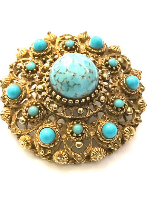 Exquisite Vintage 1940s Turquoise Blue Round Brooch- New!