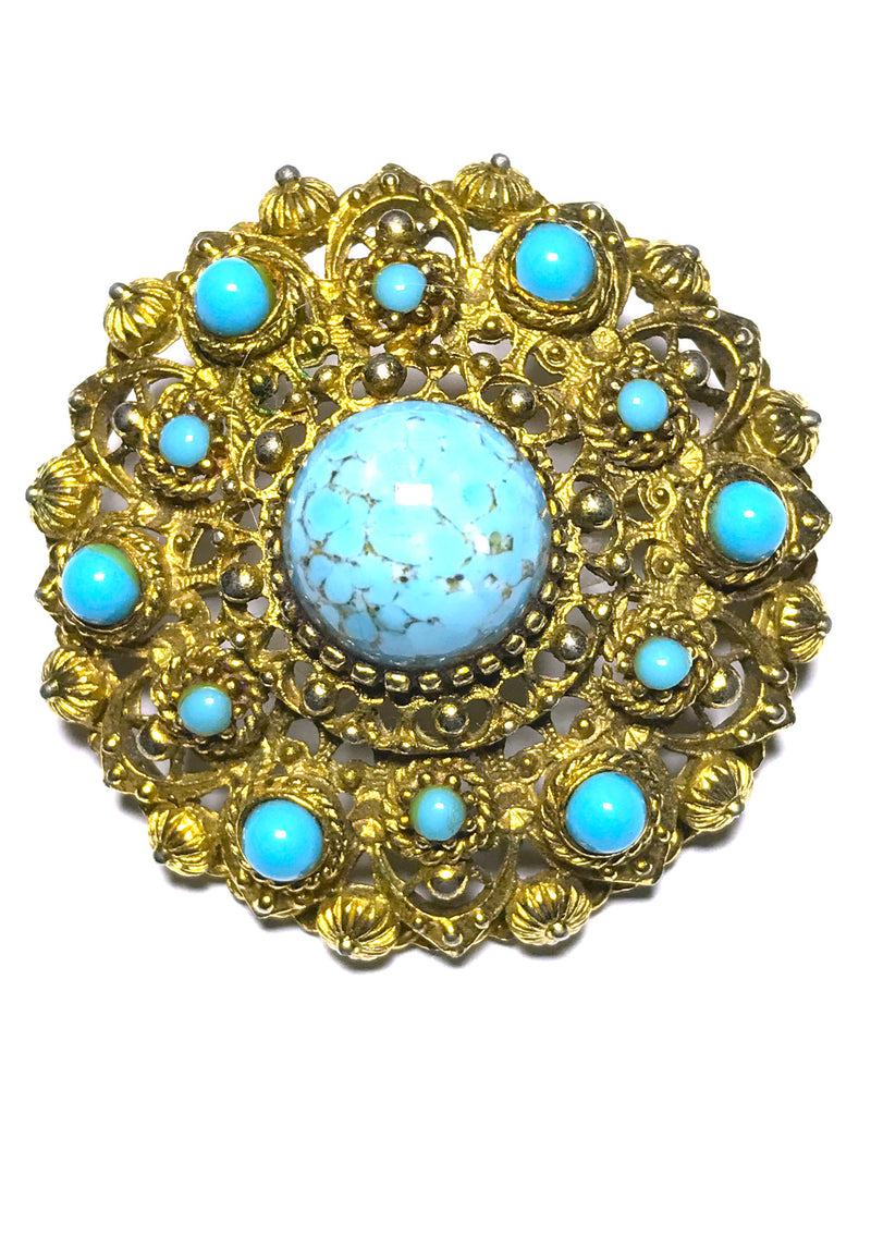 Exquisite Vintage 1940s Turquoise Blue Round Brooch- New!
