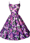 Vintage 1950s Lilac and Purple Roses Polished Cotton Dress - New!