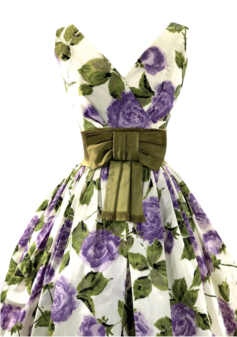 Vintage 1950s Purple Roses Silk Taffeta  Party Dress - New!
